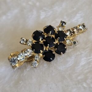 Vintage Japan Black Rhinestone Hair Barrette Gold Tone Mid Century